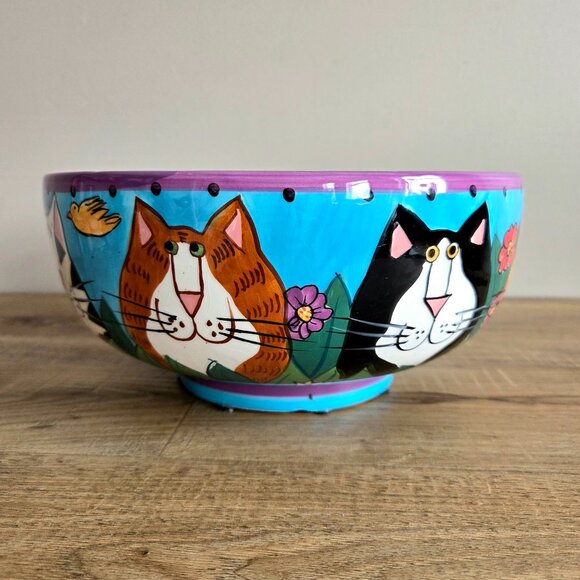 Large vintage ceramic bowl Catzilla 1999 by Candace Reiter w/hand painted cats. - Picture 2 of 10